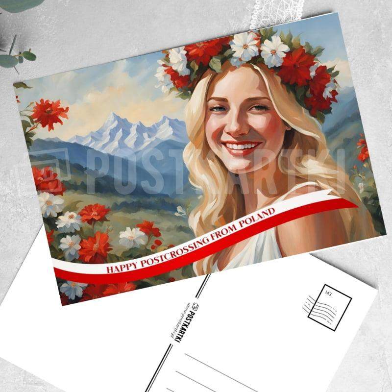 Pocztówka Happy Postcrossing from Poland - Dziewczyna z wiankiem 1 szt. 0